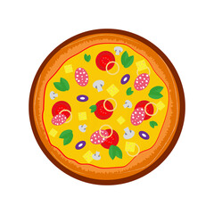 Cartoon pizza with cheese, tomato, onion, salami and mushroom. Italian fast food isolated on white background. Element of menu, bar, cafe, restaurant, logo, icon. Flat vector illustration 