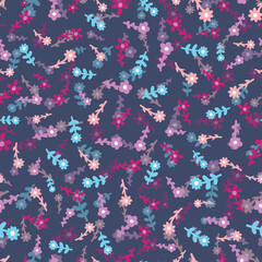 Fototapeta na wymiar Seamless pattern with small ditsy flowers on purple background