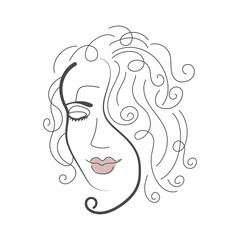 Line art head of a woman with curly hair. Isolated vector illustration