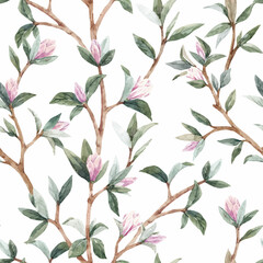 Beautiful seamless pattern with gentle hand drawn young magnolia flowers. Stock illustration.