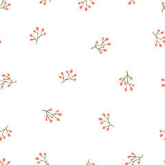 Branches with berries summer minimalistic pattern. Vector seamless hand drawn texture for textile, fabric, wrapping paper, scrapbooking.