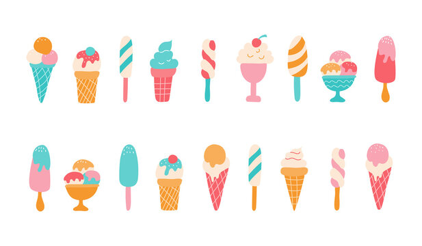 Set of different ice cream. Flat cute vector illustrations, bright summer colors