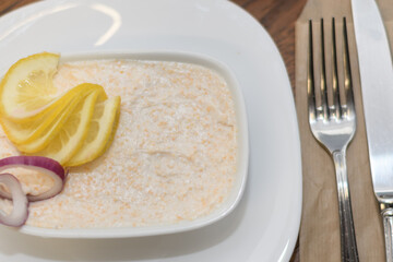 carp caviar, with oil, mineral water and lemon juice