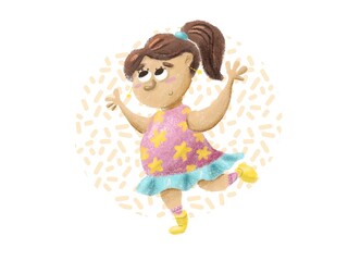 Cartoon dancing cute girl in pink dress isolated