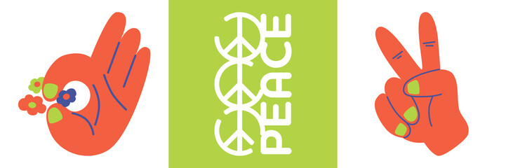 Set of flat isolated vector hand images. Fingers victory sign and hand sign ok. Peace symbol on green background