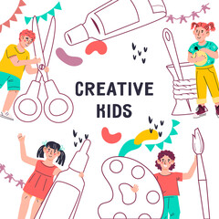 Creative kids classes and craft lessons banner mockup, flat cartoon vector illustration. Design of banner or flyer for children education and extracurricular activity.