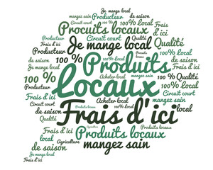 Produits locaux, nuage de mots : mangez sain, mangez local, frais d'ici.