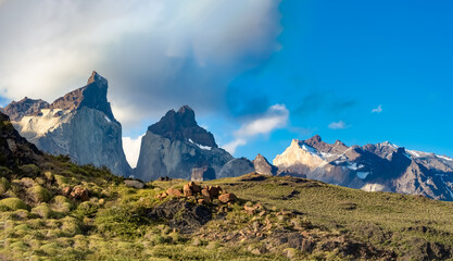 Fototapeta na wymiar Breathtaking views of the distinctive granitze spiky peaks in the Torres del Paine National Park, southern Patagonia, Magallanes, Chile