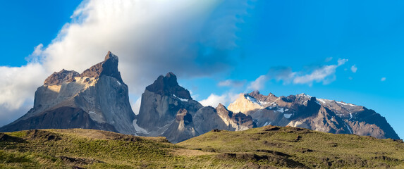 Breathtaking views of the distinctive granitze spiky peaks in the Torres del Paine National Park,...