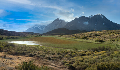 High altitude lagoons and the Paine Massif, Torres del Paine National Park, southern Patagonia, Magallanes, Chile