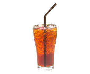 Iced lemon tea with straw in transparent glass isolated on white background