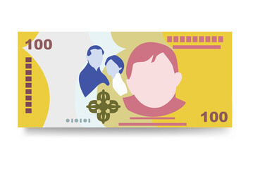 Bhutanese Ngultrum Vector Illustration. Bhutan money set bundle banknotes. Paper money 100 BTN. Flat style. Isolated on white background. Simple minimal design.