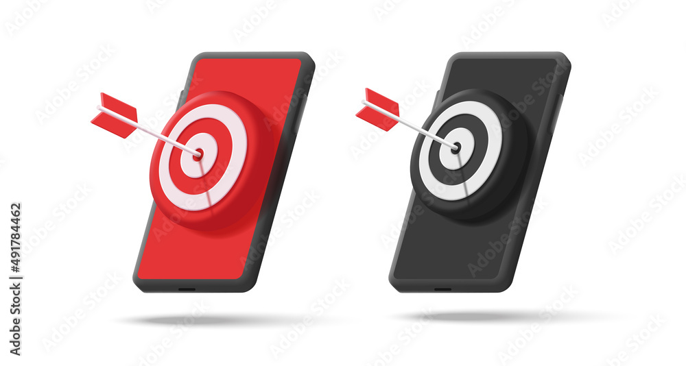 Poster 3d render isometric icon of a smartphone with target board and arrow in the center