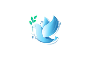 Pigeon bird with green branch in beak, peace bird, dove of peace, stop war, no war symbol of peace, flying dove icon, logo, gift, religion or patriotic concepts