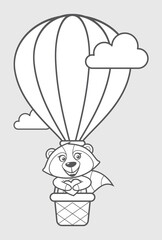Vector black line baby raccoon flying balloon. Light grey background.