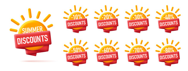 3d icon of sun with red ribbon around it, label or tags set, percent discount sale