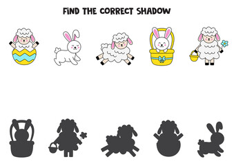 Find the correct shadows of cute Easter bunnies and lambs. Logical puzzle for kids.