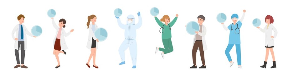 Paramedic male or female doctor or scientist combination, medical specialist with pie chart or statistic chart or infographic, doctor team concept