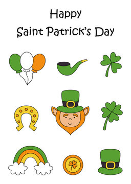 Saint Patrick day card with cute cartoon pictures.