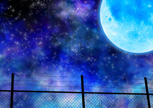 幻想的な星空とフェンスと大きい満月のイラスト Stock Illustration Adobe Stock