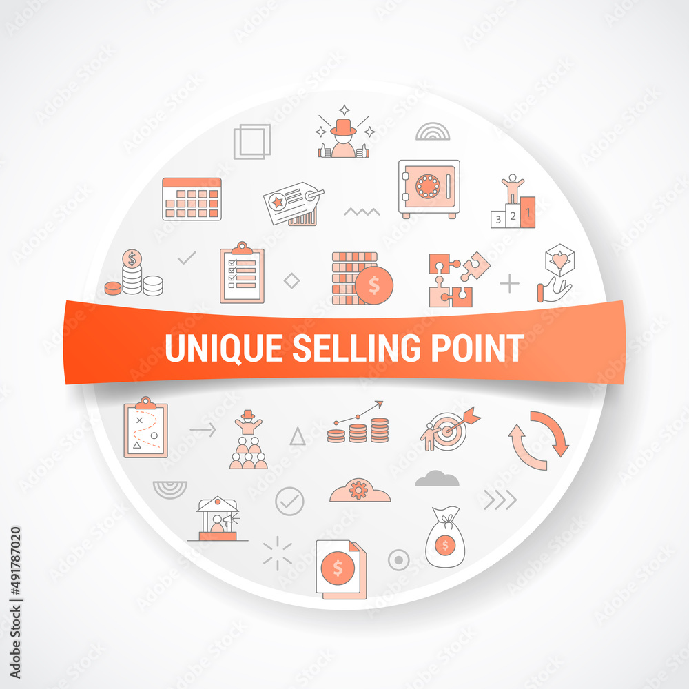 Poster usp unique selling point concept with icon concept with round or circle shape for badge