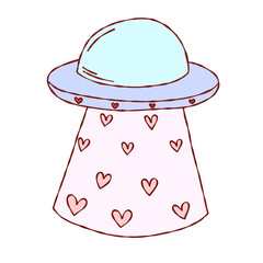 Cute ufo in space with hearts. White doodle cosmos postcard, background, poster. Hand drawn space vector illustration.