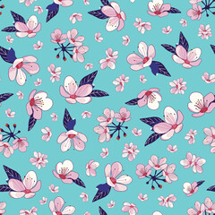 Cherry blossom seamless pattern on turquoise background