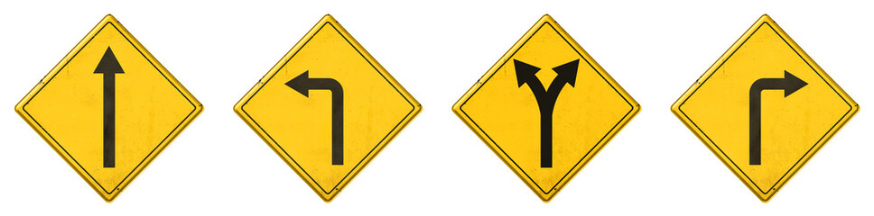 Four yellow signs with arrows on a white background