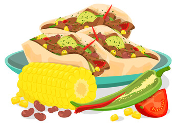 Tacos with meat and vegetables. Traditional Mexican fast food.