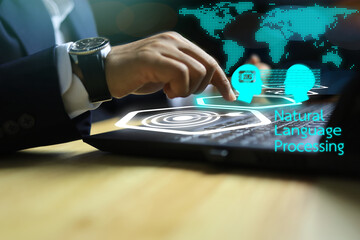 Entrepreneurs or businessman are touching the artificial screen to use the natural language processing system in their business dealings all over the world.