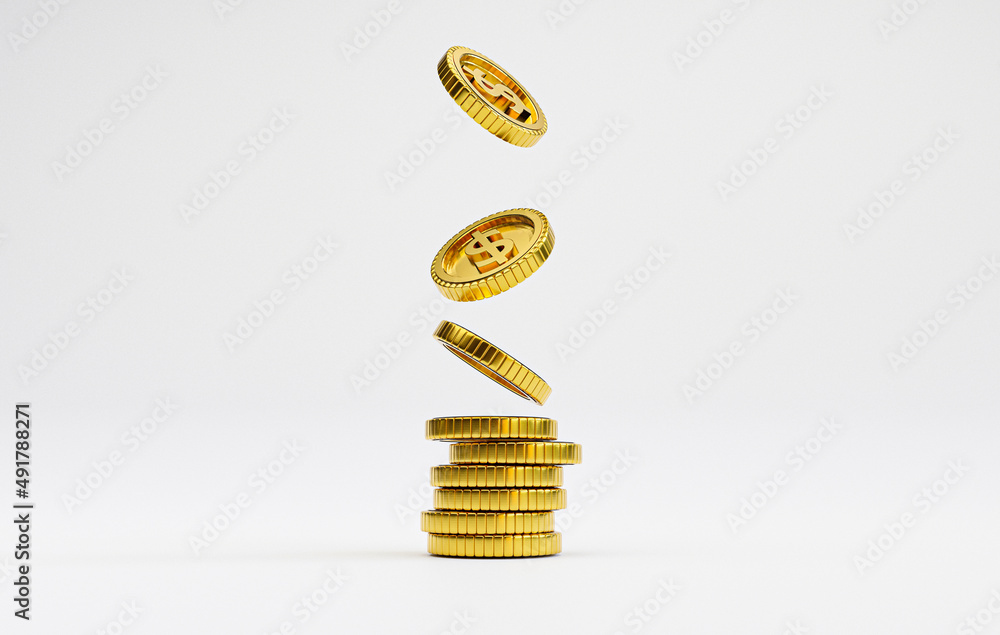 Poster isolation of golden us dollar coins dropping and stacking on white background for investment and dep