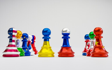Battle pawn chess between Russia and Ukraine with USA and China chess standing for both countries political conflict and war concept by 3d rendering technique.