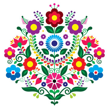Mexican traditional floral embroidery style vector design composition with flowers, vibrant pattern inspired by folk art from Mexico
 