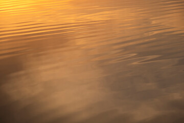 Water surface in sunset time. Ripples and small golden waves on the water. Copy space