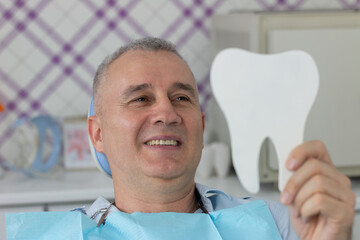 A middle aged man is sitting in the dental chair and using a mirror to see the result of the...