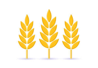 Wheat 3d icon. Grain, barley, cereal plant sign. Agriculture symbol. Vector illustration.