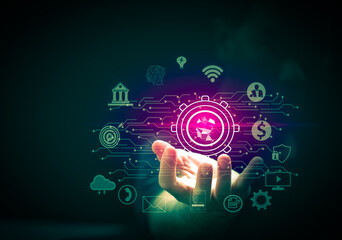Businessman holding a virtual touch, big data analytics concept, and business intelligence. concept of world map point and line elements of global business Digital Link Technology, Internet of Things