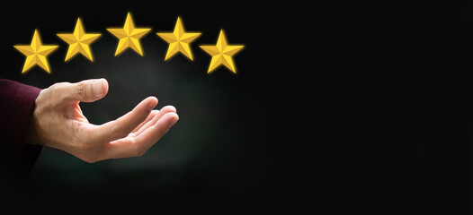 Customer satisfaction concept, 5-star satisfaction rating thumbs-up, and positive-emotional smiley...