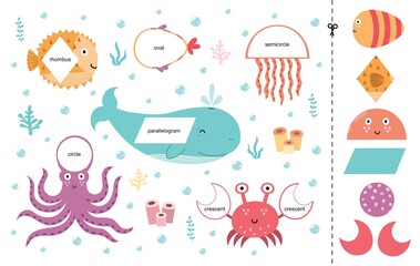 Matching game for kids with sea animals. Learning geometric shapes activity page for preschool. Cut and paste worksheet for children. Vector illustration 