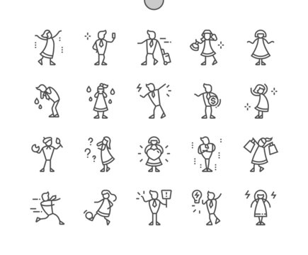 Stick people. Human action poses. Figure. Pixel Perfect Vector Thin Line Icons. Simple Minimal Pictogram