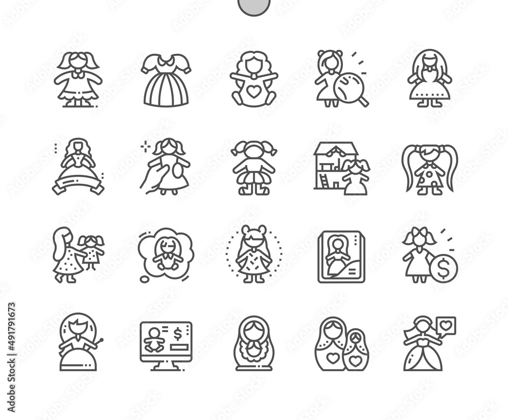 Wall mural Doll. Childrens day. Toy girl. Childhood. Pixel Perfect Vector Thin Line Icons. Simple Minimal Pictogram