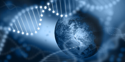 Earth DNA Abstract Science Concept. Blue Background with Deoxyribonucleic Acid Structure Earth Planet For Global Scientific Research and Human Gene genetic  
