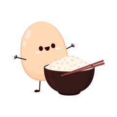 Rice in the cup. Vector stock of cooked rice in a ceramic bowl. Japanese rice and Egg vector. Egg character.