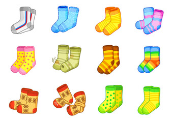 Vector icon set. Bright cartoon socks isolated ona white background
