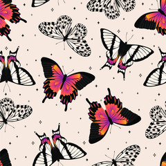 Seamless vector pattern of flying butterflies orange colors. Contemporary composition. Trendy texture for print, textile, packaging.