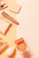 decorative cosmetics with perfume  on pastel  background