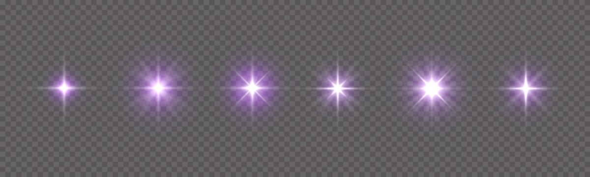 Purple light star, sun rays, violet sparks sparkle