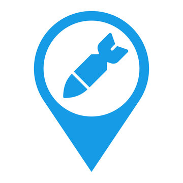 recommend clip art: Arma explosiva aérea militar. Icono plano silueta de bomba aérea en puntero de posición en color azul