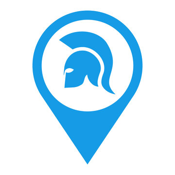 recommend clip art: Icono plano silueta de casco de guerrero espartano en puntero de posición en color azul