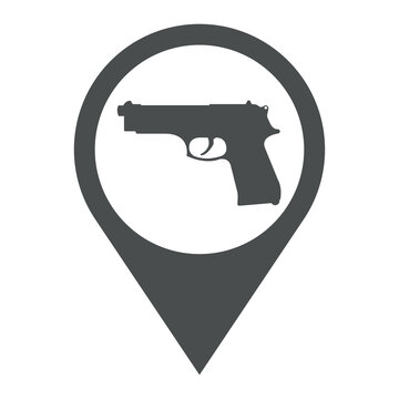 recommend clip art: Logotipo campo de tiro. Icono plano con silueta de pistola en puntero de posición en color gris